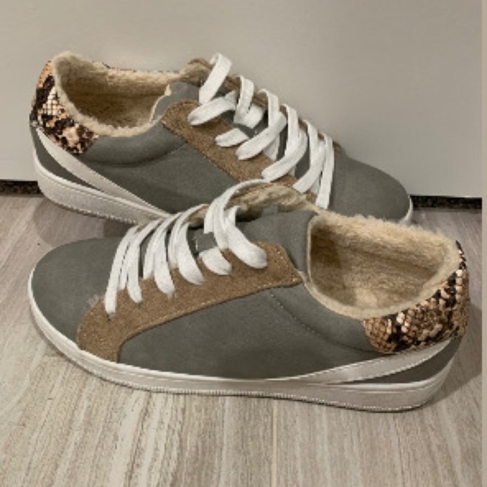 Olive snakeskin fur lined sneakers